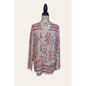 Suzanne Betro Women Floral Sheer Long‎ Sleeve Blouse Tunic Flowy Pink Plus Sz 1X